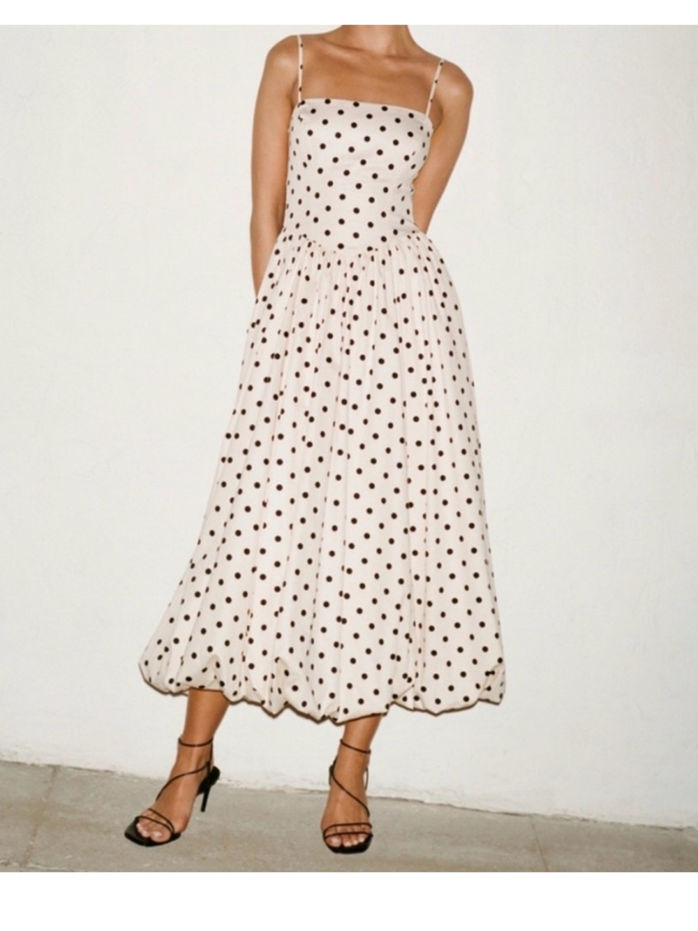 Abercrombie & Fitch
Dipped-Waist Bubble Hem Midi Dress 
Polka Dot Tall